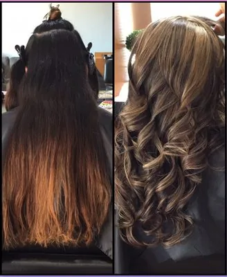 Before and after: grown-out ombre refreshed into caramel-highlighted curls
