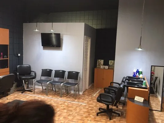 Styling stations and waiting area inside the salon